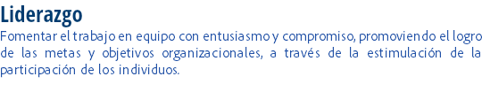 Liderazgo
Fomentar el trabajo en equipo con entusiasmo y compromiso, promoviendo el logro de las metas y objetivos organizacionales, a través de la estimulación de la participación de los individuos.
