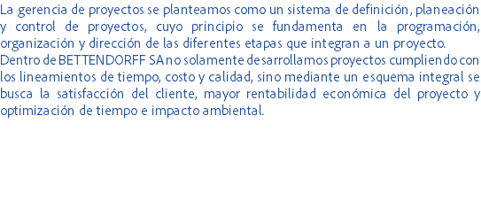 La gerencia de proyectos se planteamos como un sistema de definición, planeación y control de proyectos, cuyo principio se fundamenta en la programación, organización y dirección de las diferentes etapas que integran a un proyecto.
Dentro de BETTENDORFF SA no solamente desarrollamos proyectos cumpliendo con los lineamientos de tiempo, costo y calidad, sino mediante un esquema integral se busca la satisfacción del cliente, mayor rentabilidad económica del proyecto y optimización de tiempo e impacto ambiental.
